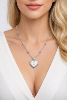 Toptan Gümüş Renk Beyaz Sedef Kalp Model Top Zincir Çelik Kolye - 3848