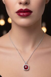 Toptan Gümüş Renk Kare Bordo Taş Sf Zincir Çelik Kolye - 3864