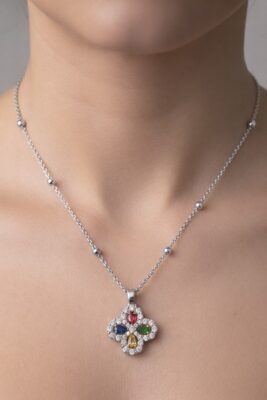 Toptan Gümüş Renk Mix Taşlı Van Yonca Model Top Zincir Çelik Kolye - 3859