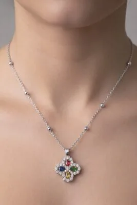 Toptan Gümüş Renk Mix Taşlı Van Yonca Model Top Zincir Çelik Kolye - 3859