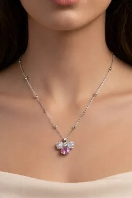 Toptan Gümüş  Renk Pembe Fiyonk Model Top Zincir Çelik Kolye - 3855