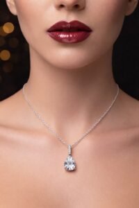 Toptan Gümüş Renk Sıra Taşlı Beyaz Damla Model  Sf  Zincir Çelik Kolye - 3868