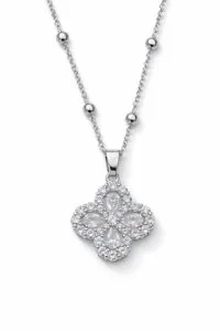 Toptan Gümüş Renk Beyaz Taş Van Cleff Yonca Damla Taşlı Model Top Zincir Çelik Kolye- 3858