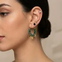 Toptan Altın Renk Yeşil Boncuk Yuvarlak Pullu Şık Sallantılı El İşi Kombin Küpe - 2224