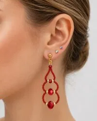 Toptan Altın Renk Kombin Üç Yuvarlaklı Kırmızı Boncuk Küpe - 2824
