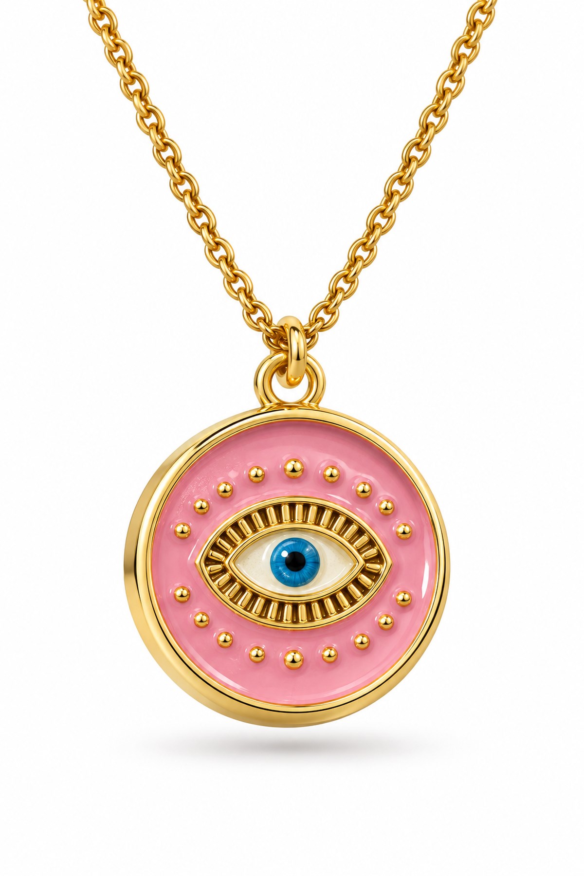 Toptan Altın Renk Pembe Nazar Göz Çelik Kolye - 3995 3 Toptan Altın Renk Pembe Nazar Göz Çelik Kolye - 3995