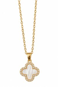 Toptan Altın Renk Beyaz Sedefli Van Cleef Kolye Sf Zincir Çelik Kolye - 3974