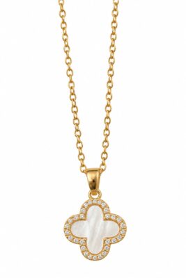 Toptan Altın Renk Beyaz Sedefli  Van Cleef Kolye Sf Zincir Çelik Kolye - 3974