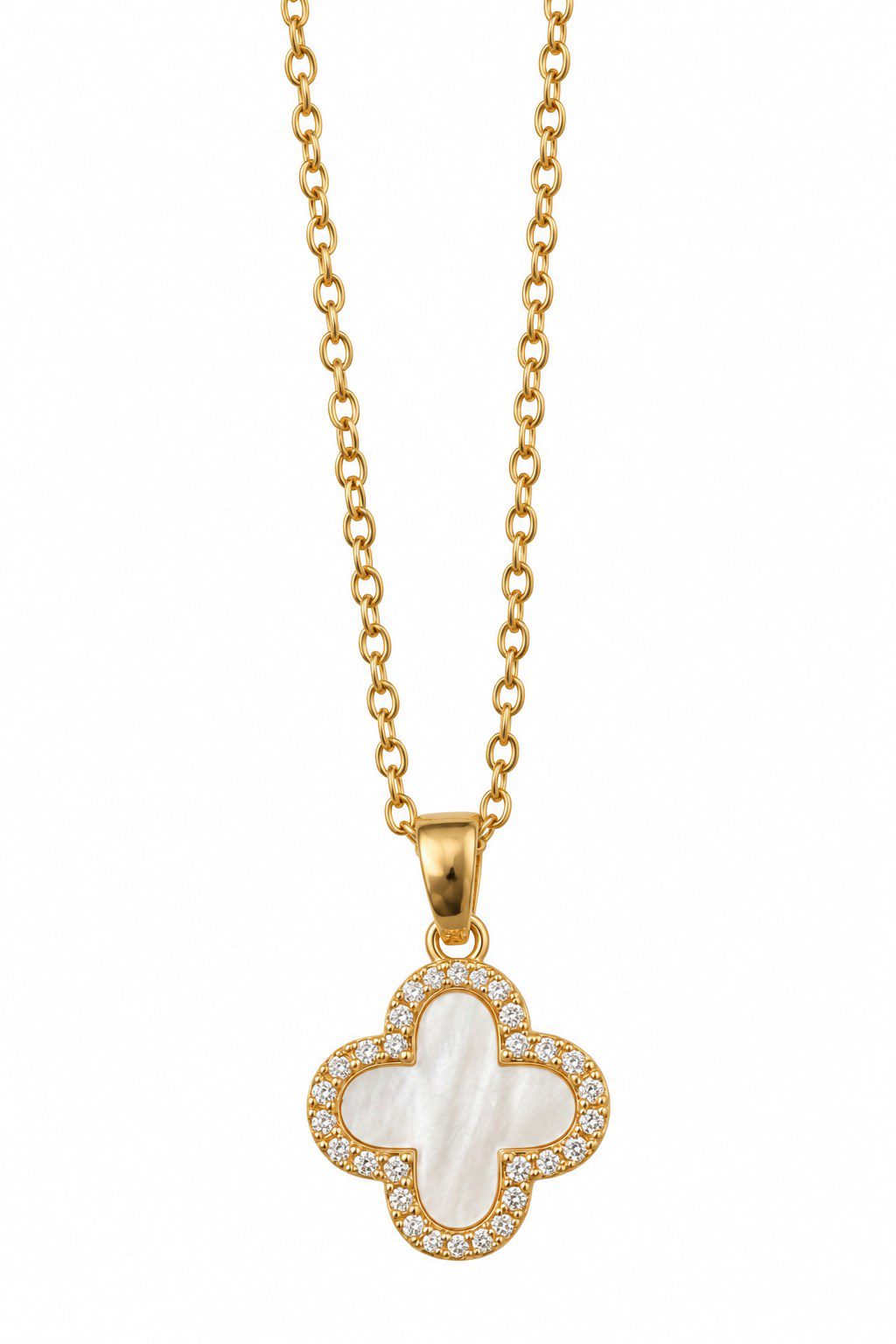 Toptan Altın Renk Beyaz Sedefli Van Cleef Kolye Sf Zincir Çelik Kolye - 3974 3 Toptan Altın Renk Beyaz Sedefli Van Cleef Kolye Sf Zincir Çelik Kolye - 3974