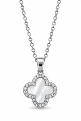 Toptan Gümüş Renk Beyaz Sedefli  Van Cleef Kolye Sf Zincir Çelik Kolye - 4008