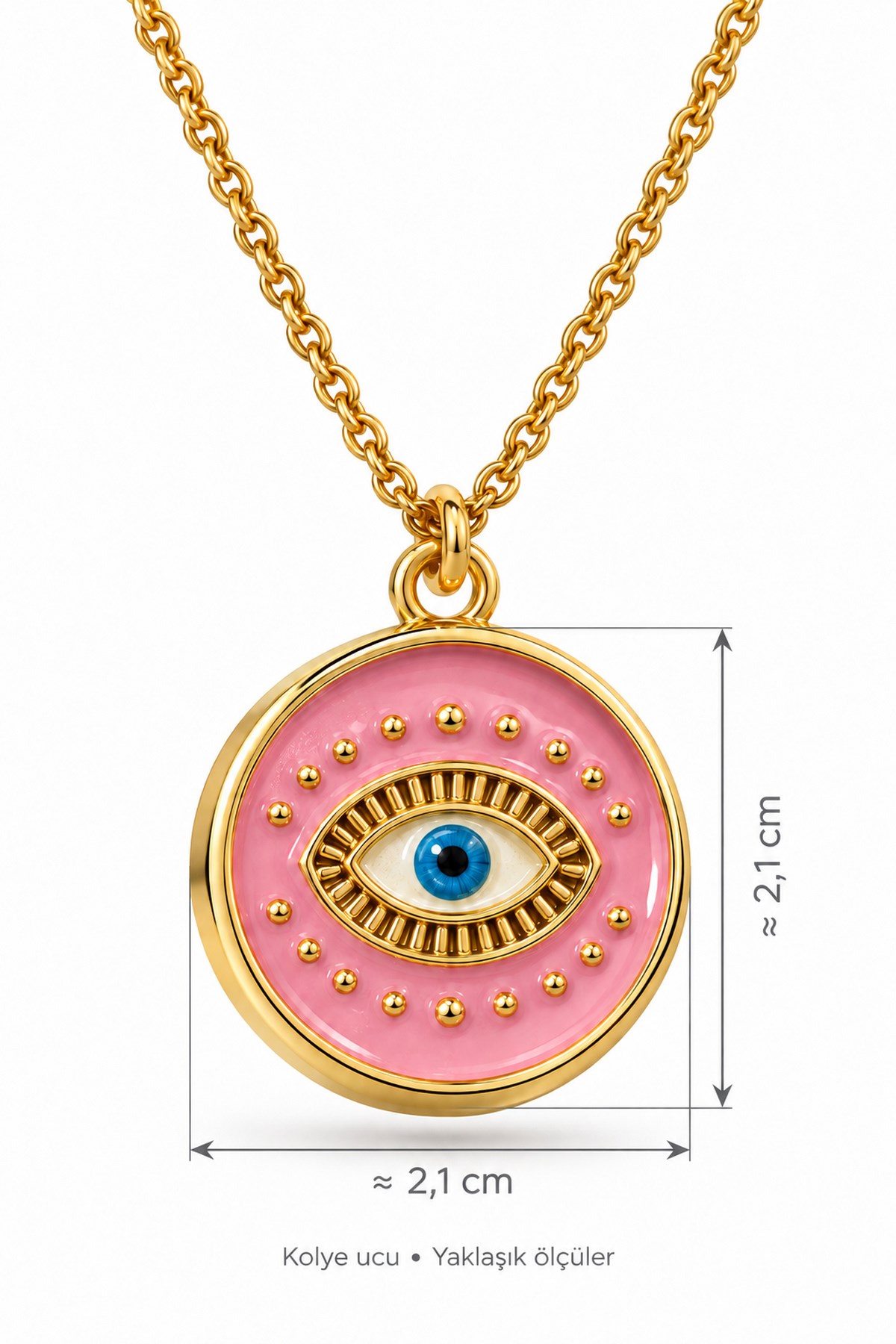 Toptan Altın Renk Pembe Nazar Göz Çelik Kolye - 3995 5 Toptan Altın Renk Pembe Nazar Göz Çelik Kolye - 3995 - Görsel 3