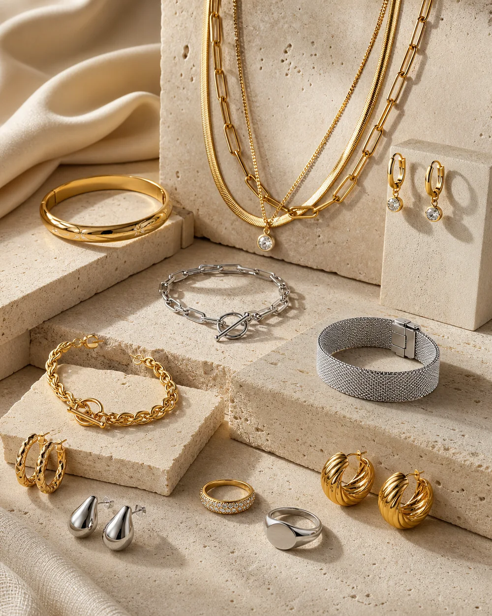 Kozen Bijoux altın ve gümüş renkli çelik takı vitrini
